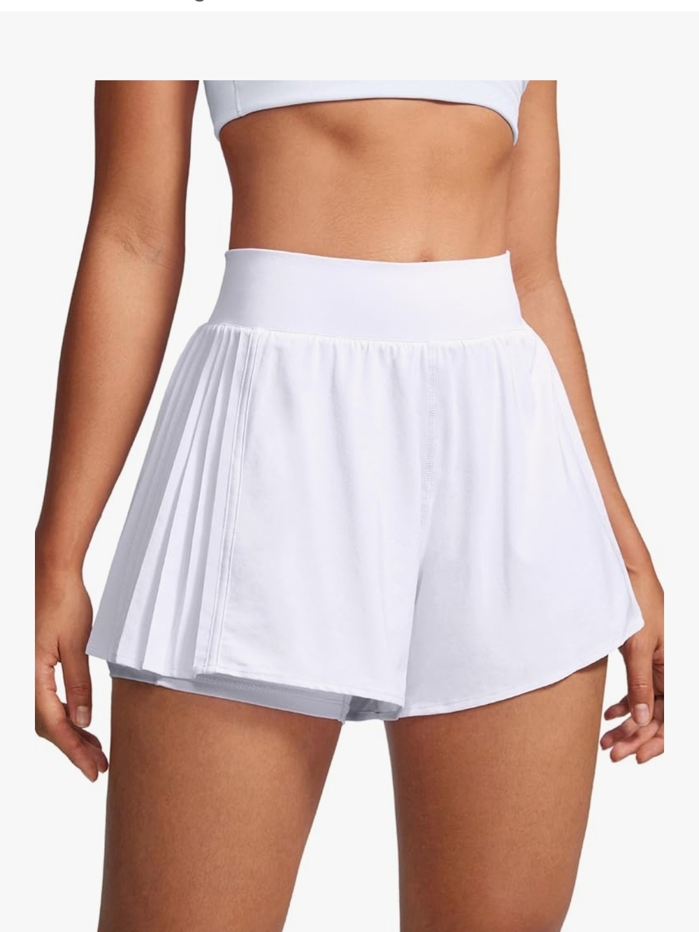 Pleated High-Waist White Athletic Shorts